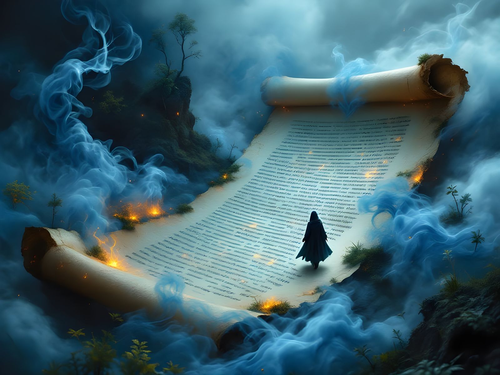 Ancient Scroll Unfurled in Whispers of Blue Smoke