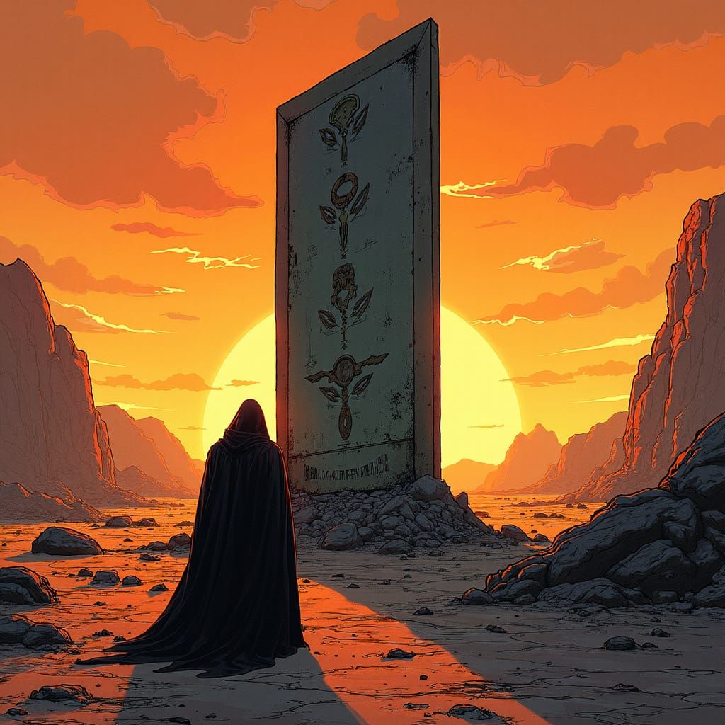 Mysterious Figure Before Alien Monolith in Comic Style