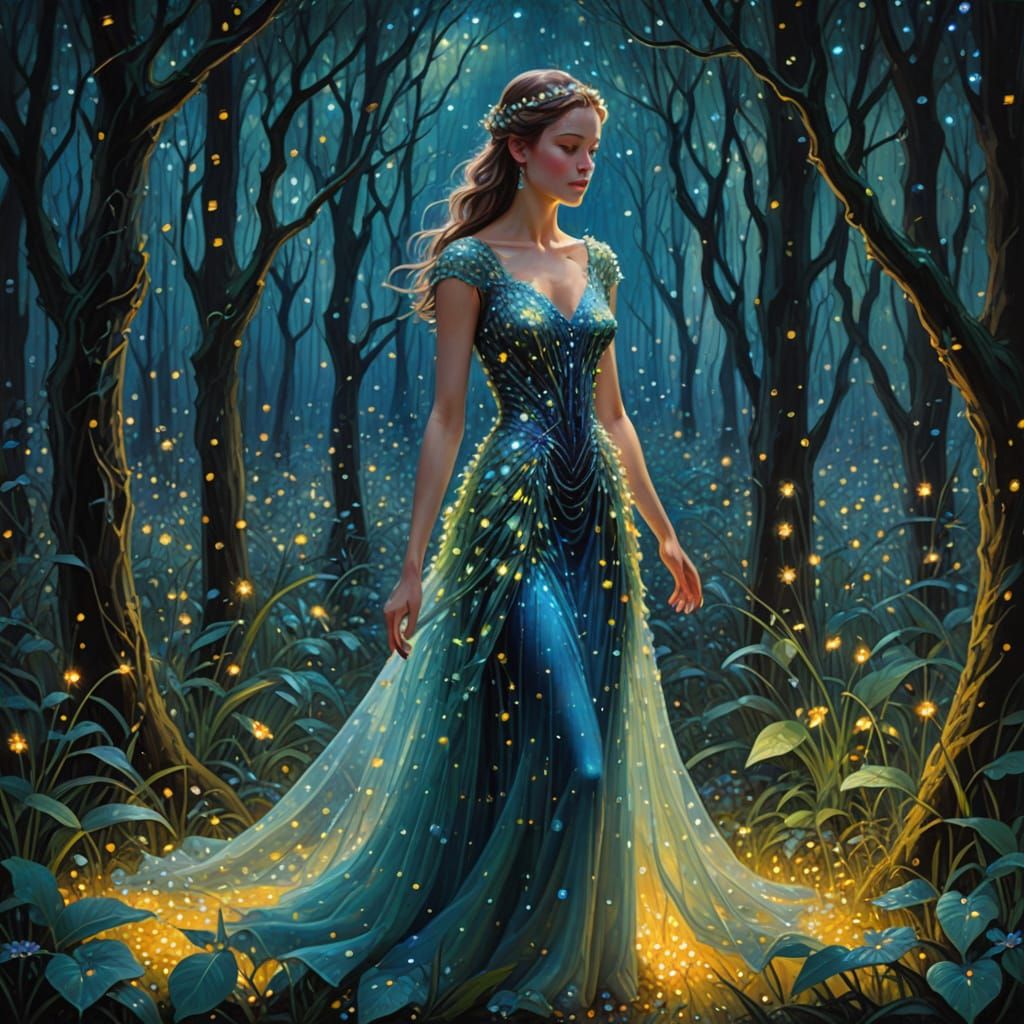 Enchanting Crystal Forest Gown in Whimsical Oil Painting Sty...