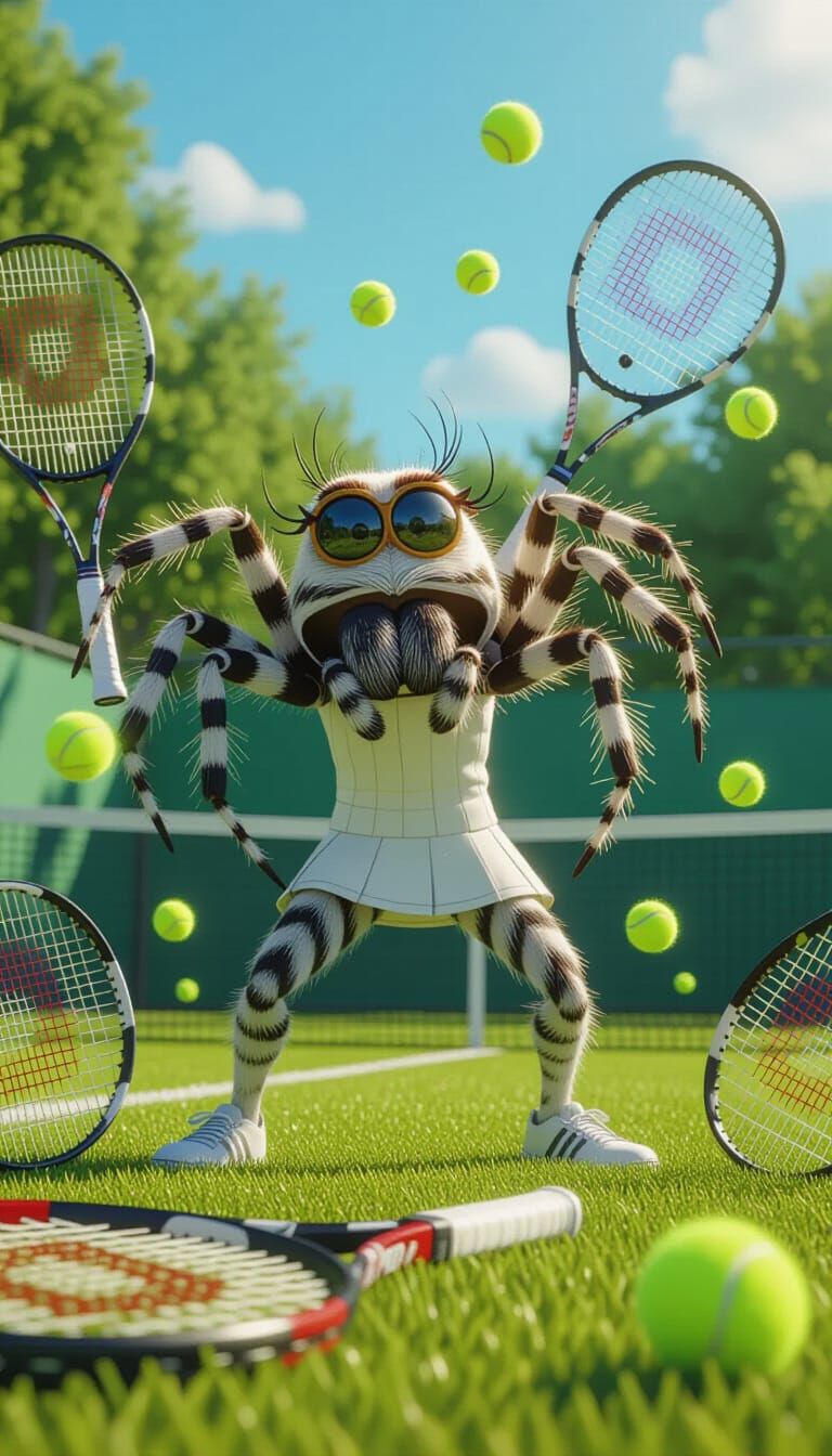 Flustered Spider Plays Tennis: Humorous Digital Art