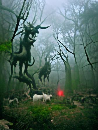 Eerie Goat-Demon Apparition in Misty Forest