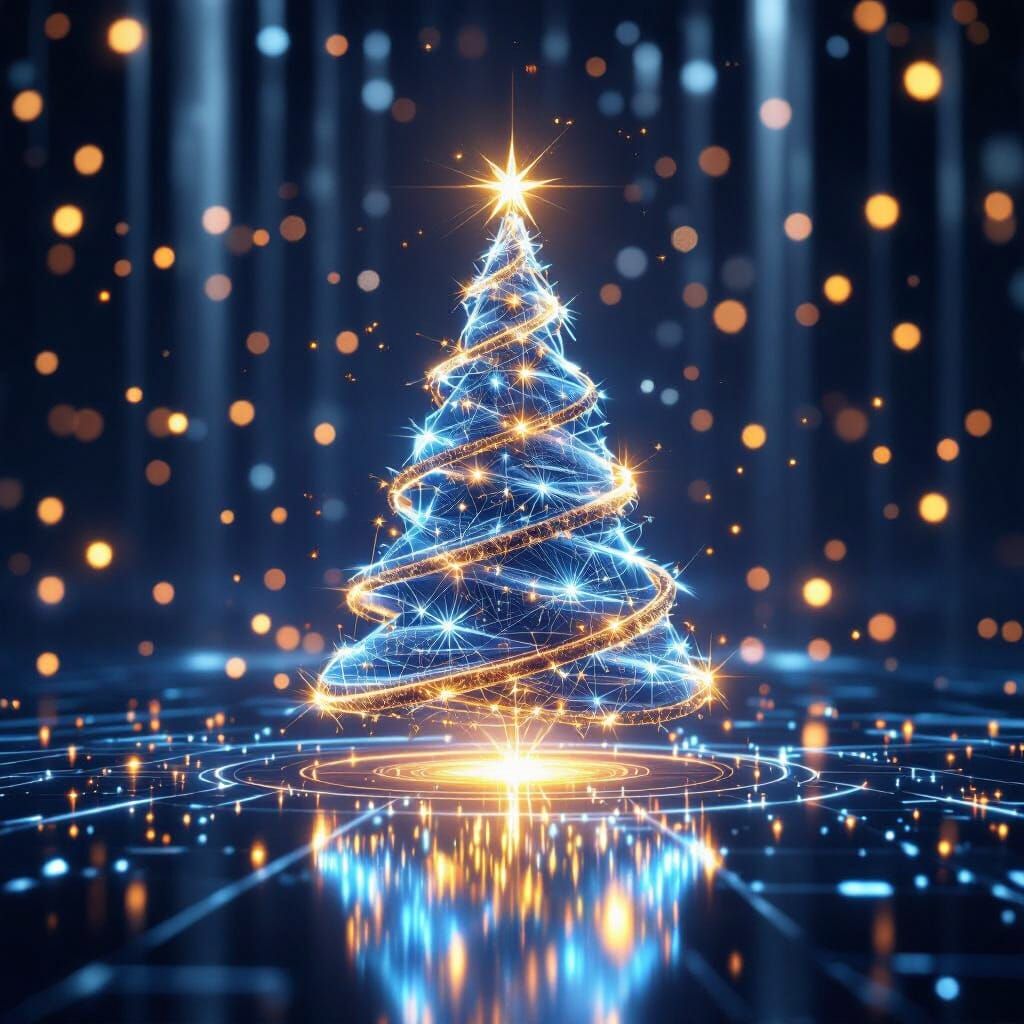 Holographic Christmas Tree in Futuristic New Year Background