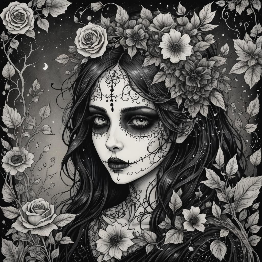 Gothic Death Surrounded by Flowers and Leaves