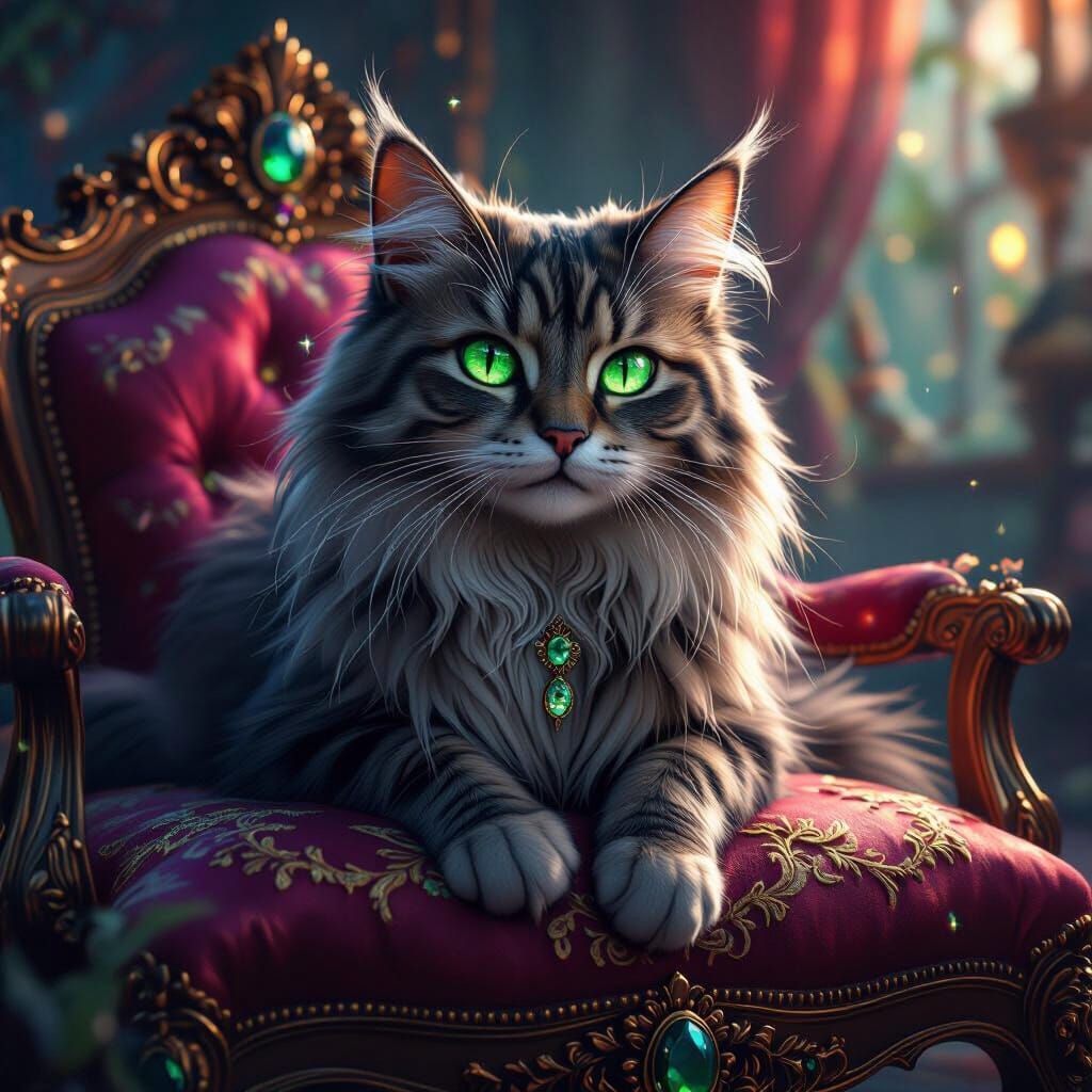 Fantastical Cat with Glowing Eyes on Jewel Cushion