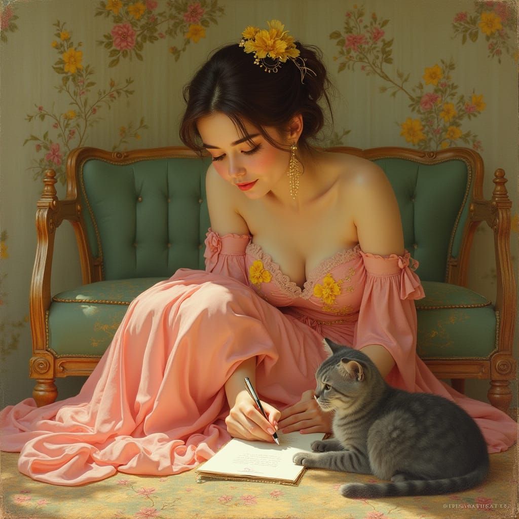 Elegant Woman Writing Letter with Kitten, Hyperrealistic Sty...