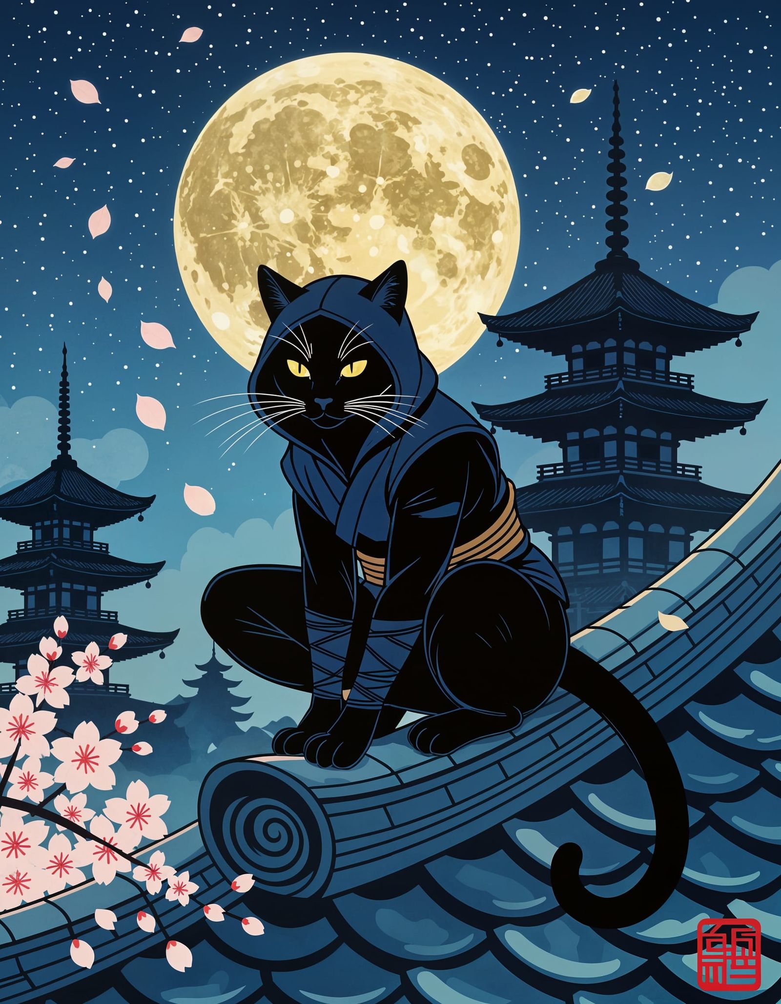 Shadow Cat Ninja in Japanese Woodblock Style