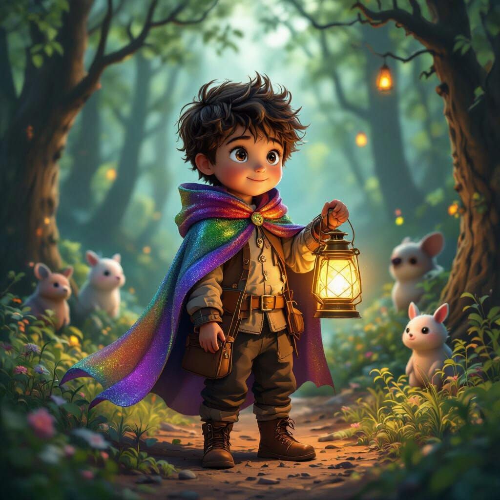 Explorer Boy with Rainbow Cape and Magic Lantern