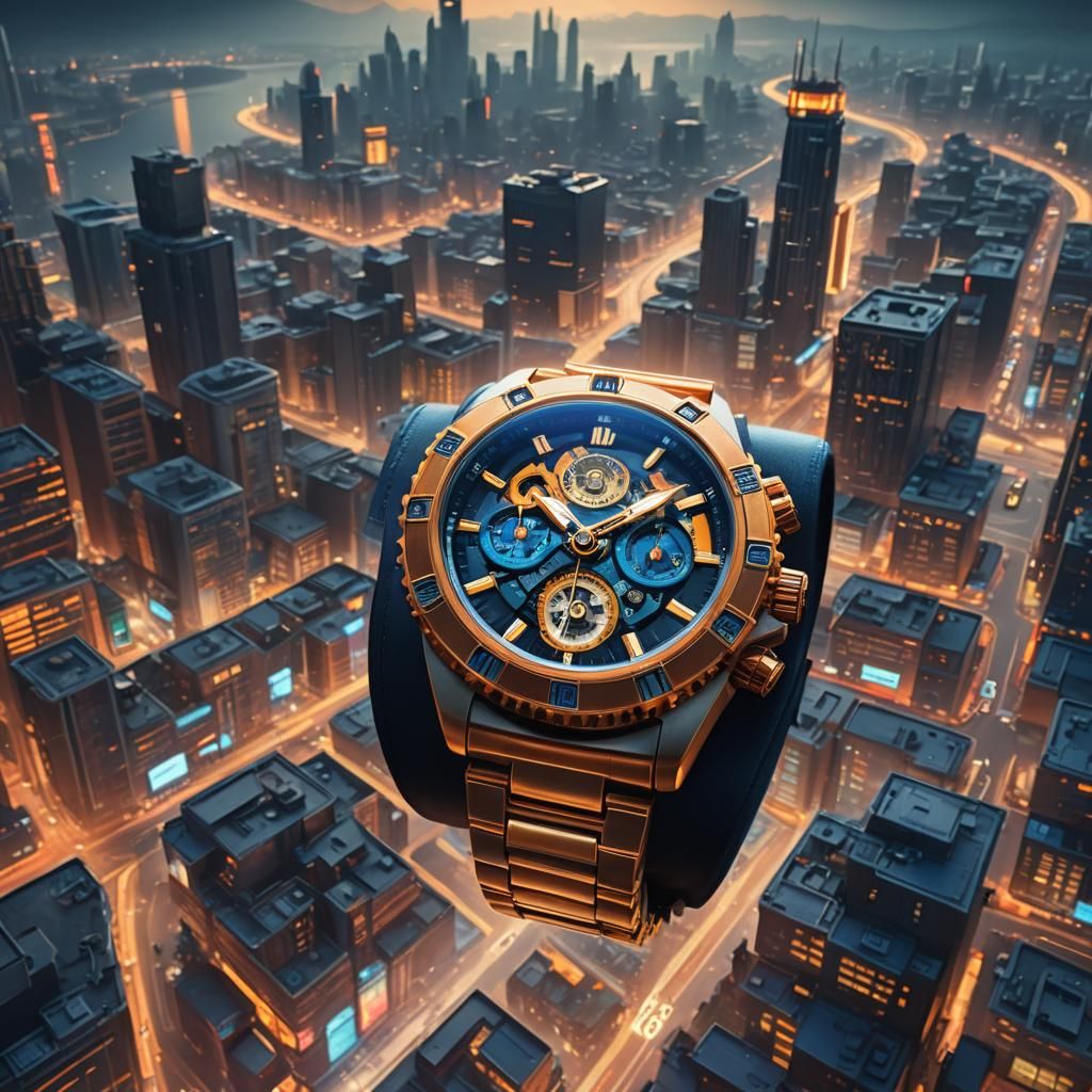 High-Tech Wristwatch in Neon Cityscape: Sci-Fi Concept Art