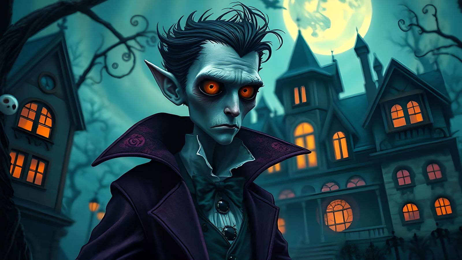 Gothic-Punk Vampire in Haunted Fairytale Scene