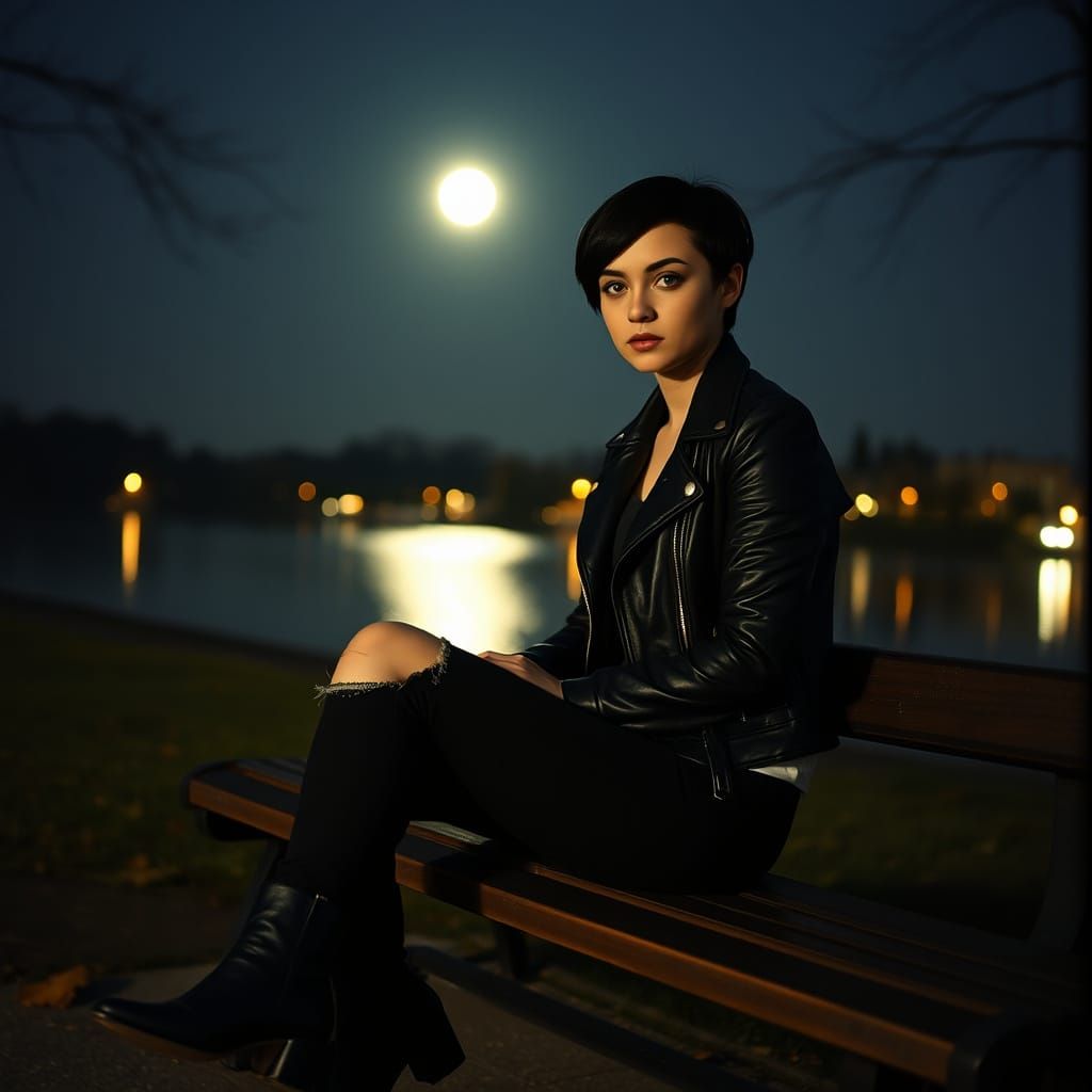 Moonlit Park Bench: Cinematic Film Still