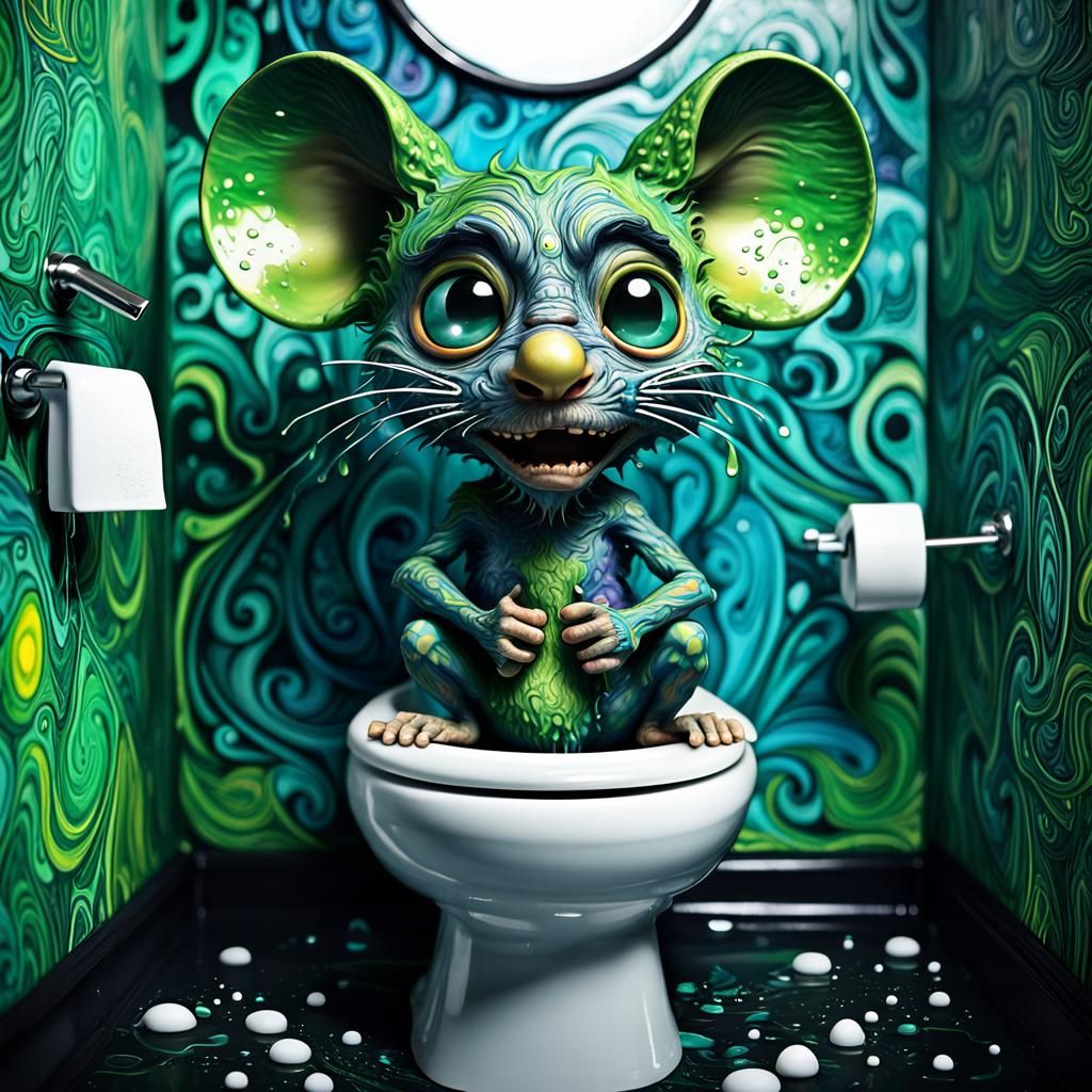 Angry Chibi Mouse on Toilet in Psychedelic Art