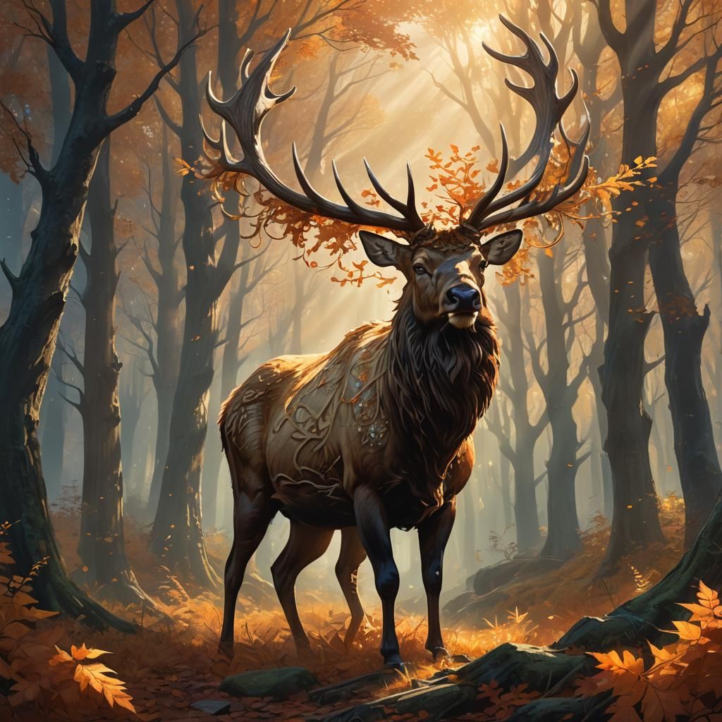 Elk Guiding the Autumn Fall in Mystical Forest