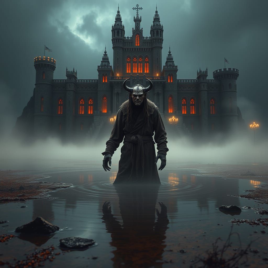 Gothic Horned Figure Rises Before Nordic Castle