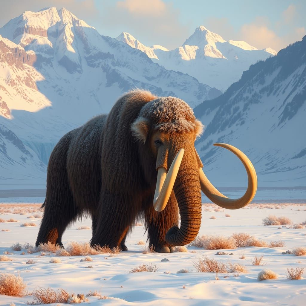 Woolly Mammoth Grazing in Snowy Valley, Hyper-Realistic Styl...