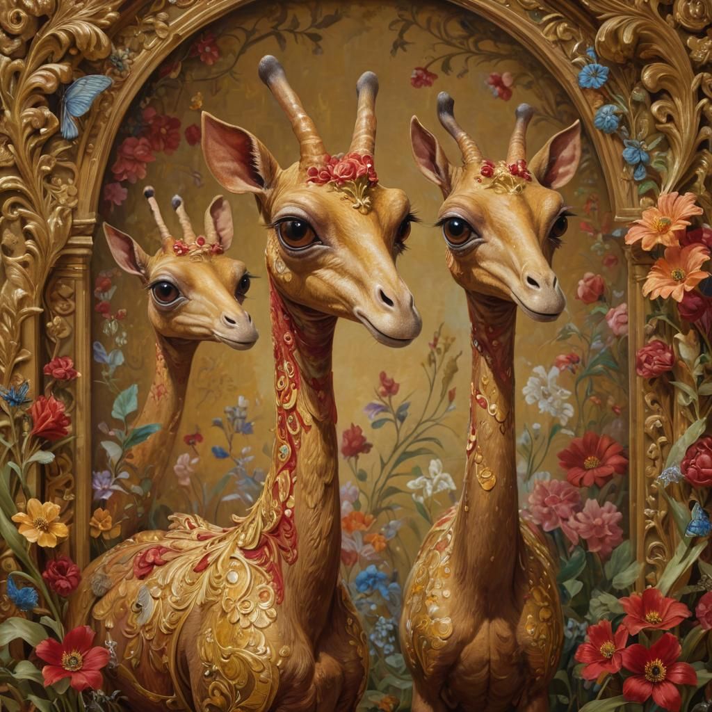 Mystical Creatures in Rococo Surrealist Oil Painting