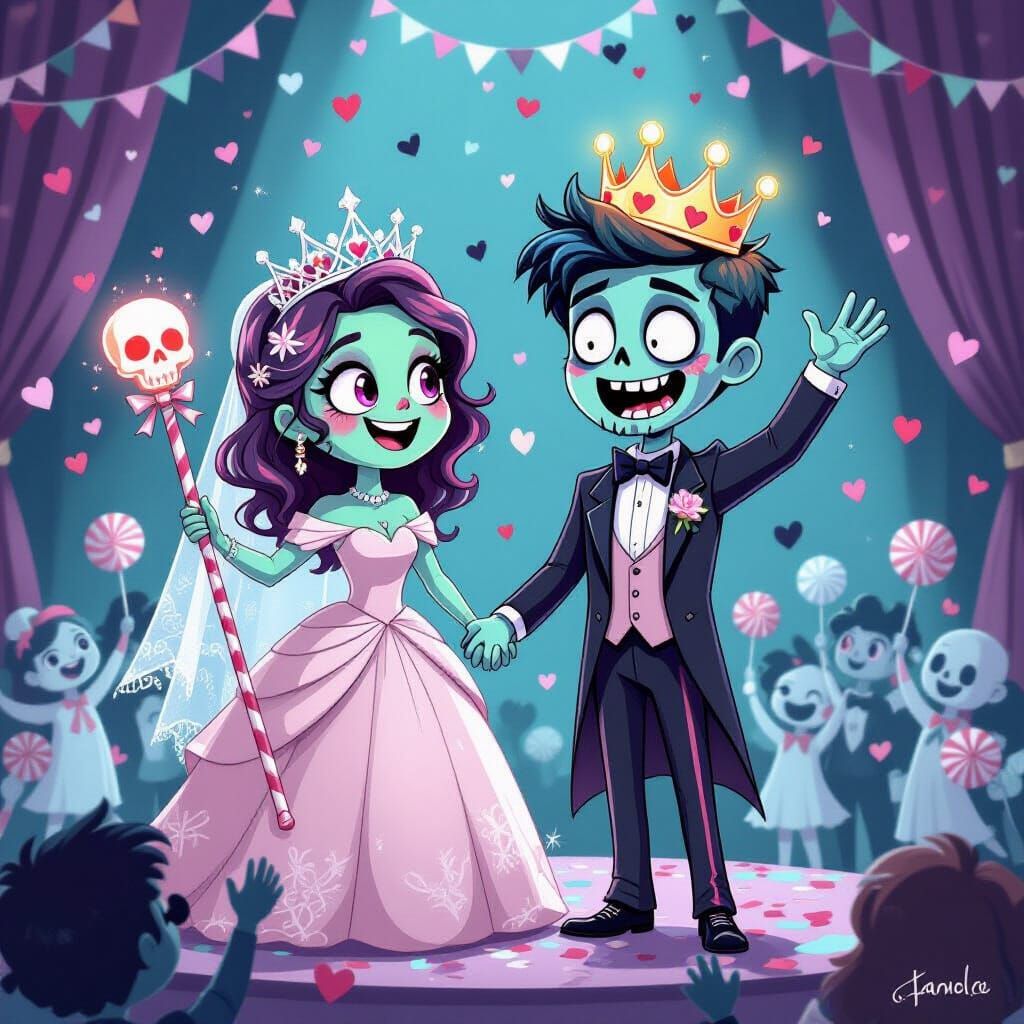 Charming Zombie Prom Royalty with Candy Skull Crowns
