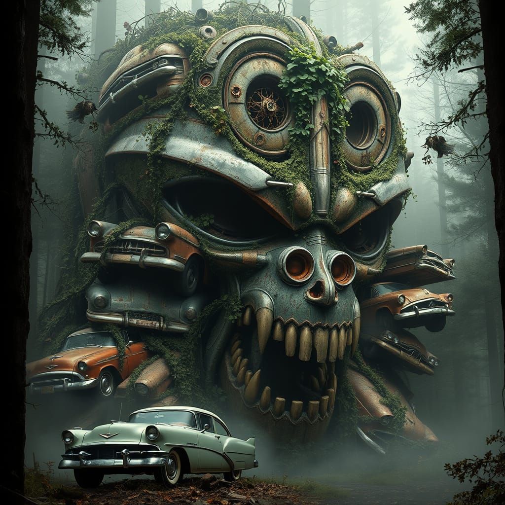 Eerie Vintage Car Abomination in Misty Forest