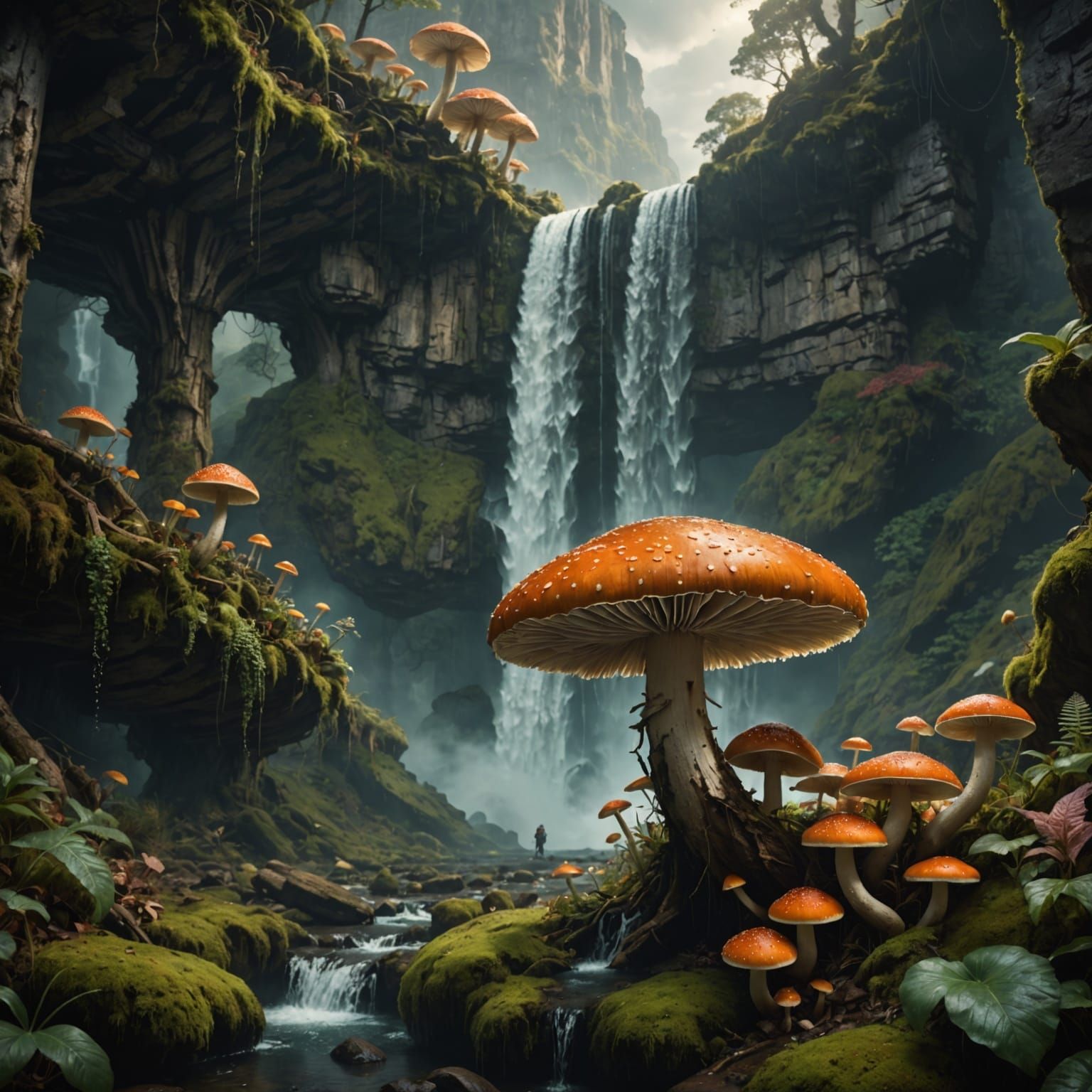 Waterfall Mushroom: Epic Cinematic Digital Painting