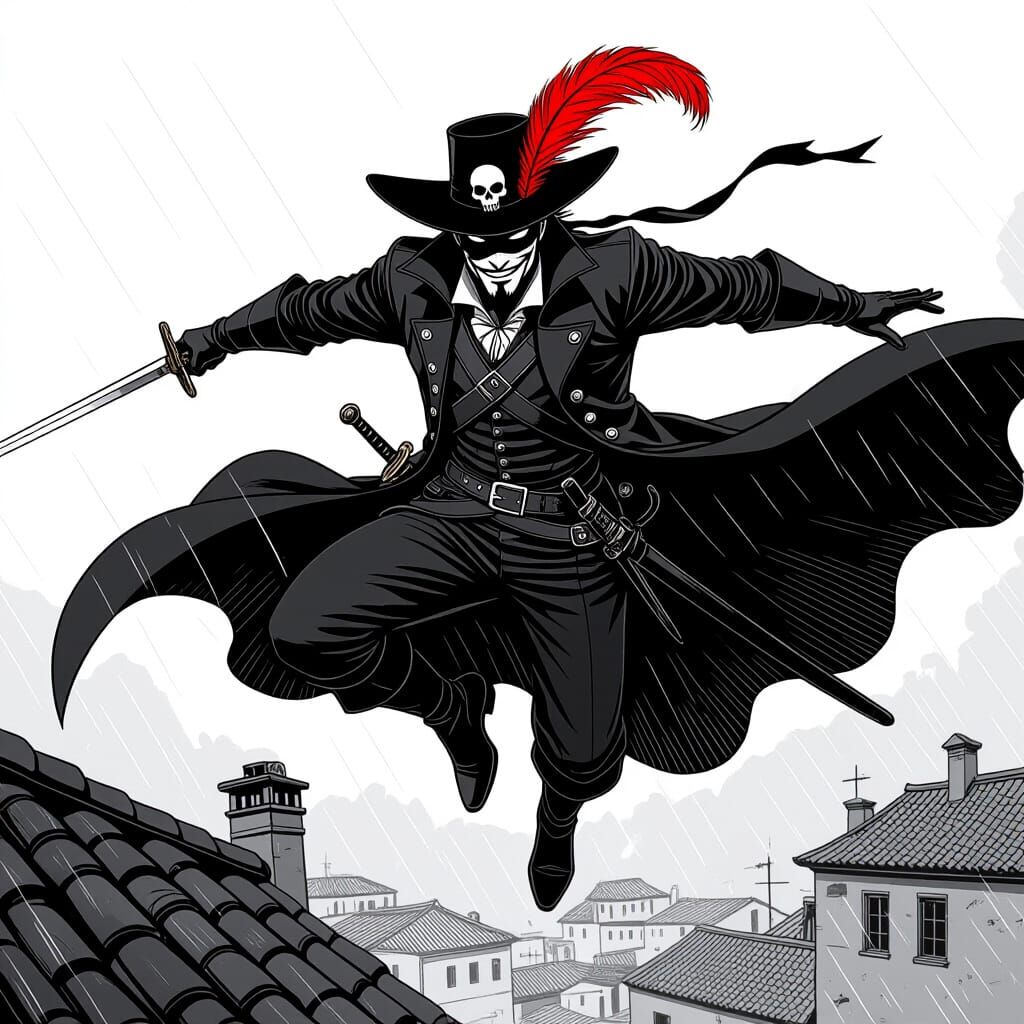 Musketeer Leaps Through Rainy Manga Cityscape