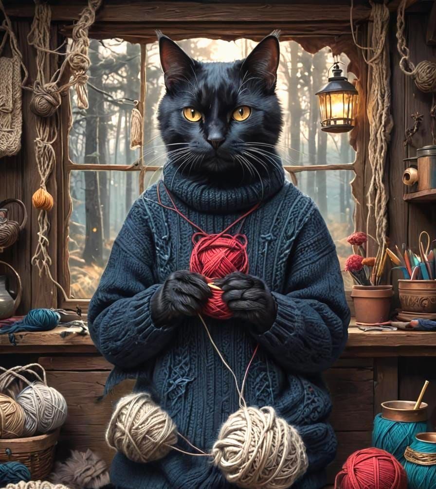 Black Cat Knitting: Intricate Ink Illustration
