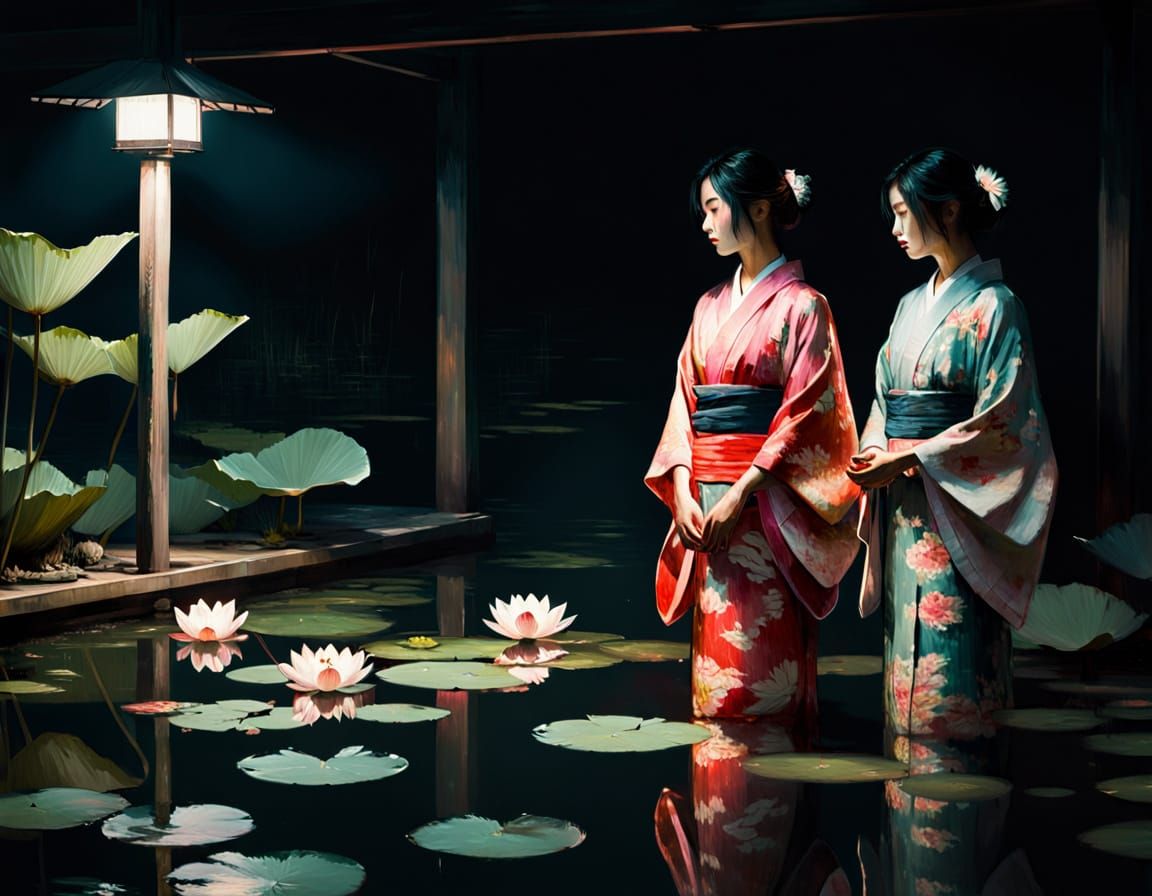 Women in Kimono Paddle an Indoor Pond Under Nighttime Street...