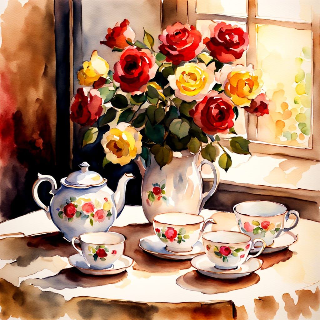 Impressionist Still Life: Teapot with Red Roses
