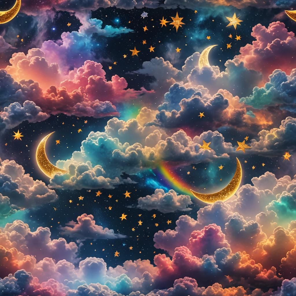 Rainbow glitter clouds and stars moon