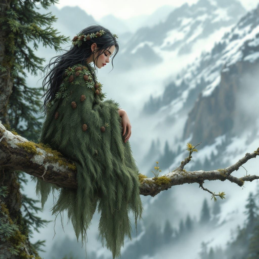 Serene Alpine Goddess in Mossy Green Cloak
