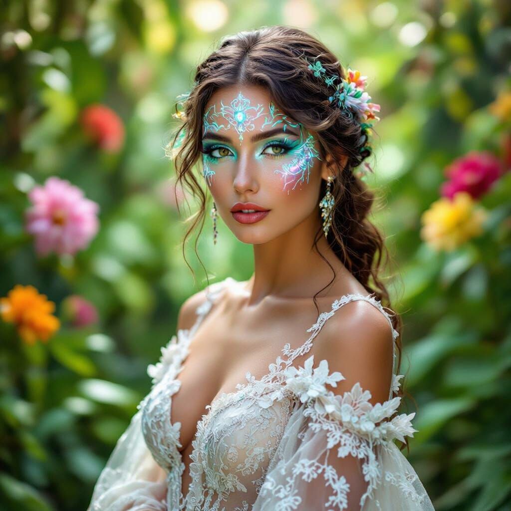 Woman with Bioluminescent Face Paint in Botanical Garden