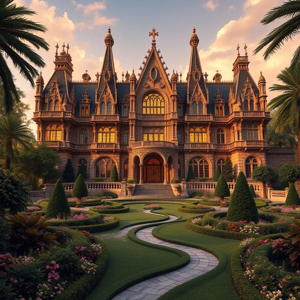 Gothic Art Deco Mansion Surrounded by Gardens