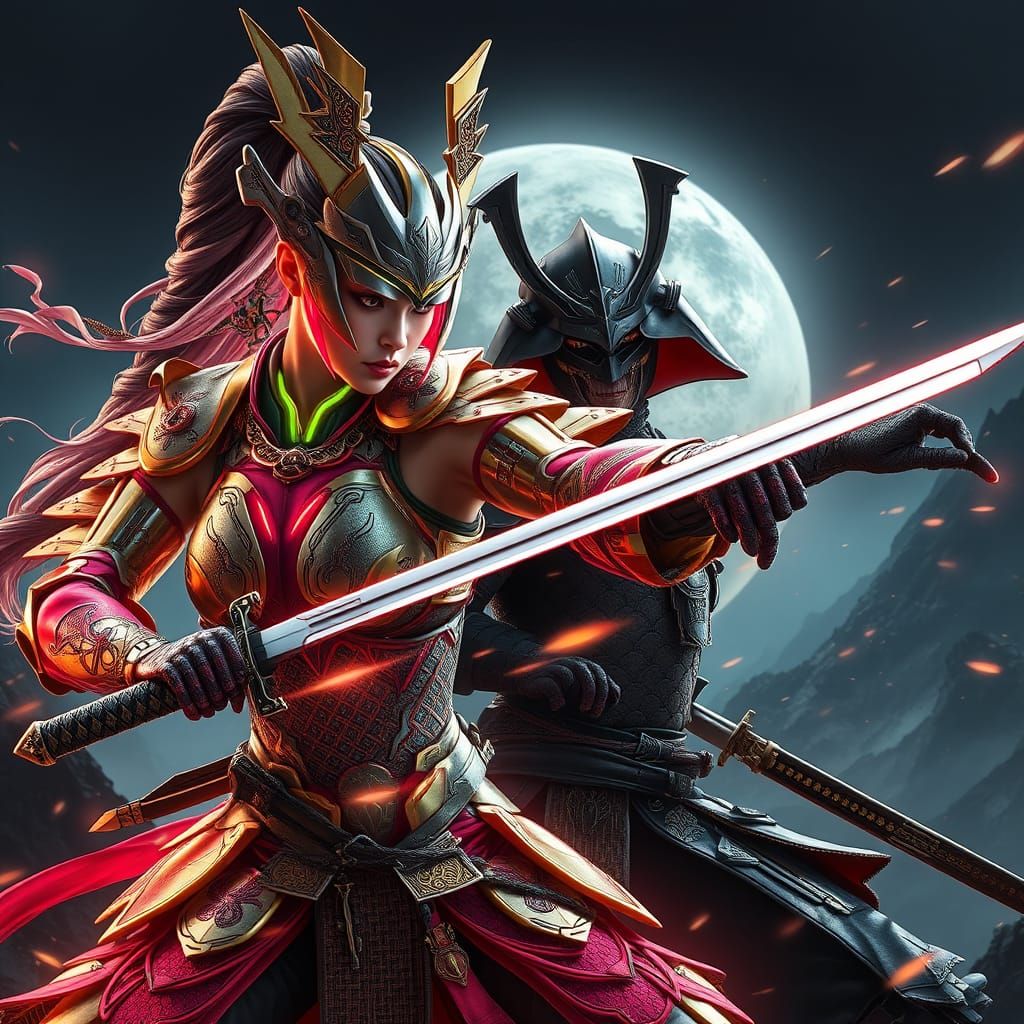 Hyper-Realistic Futuristic Japanese Warriors Clash in Dynami...