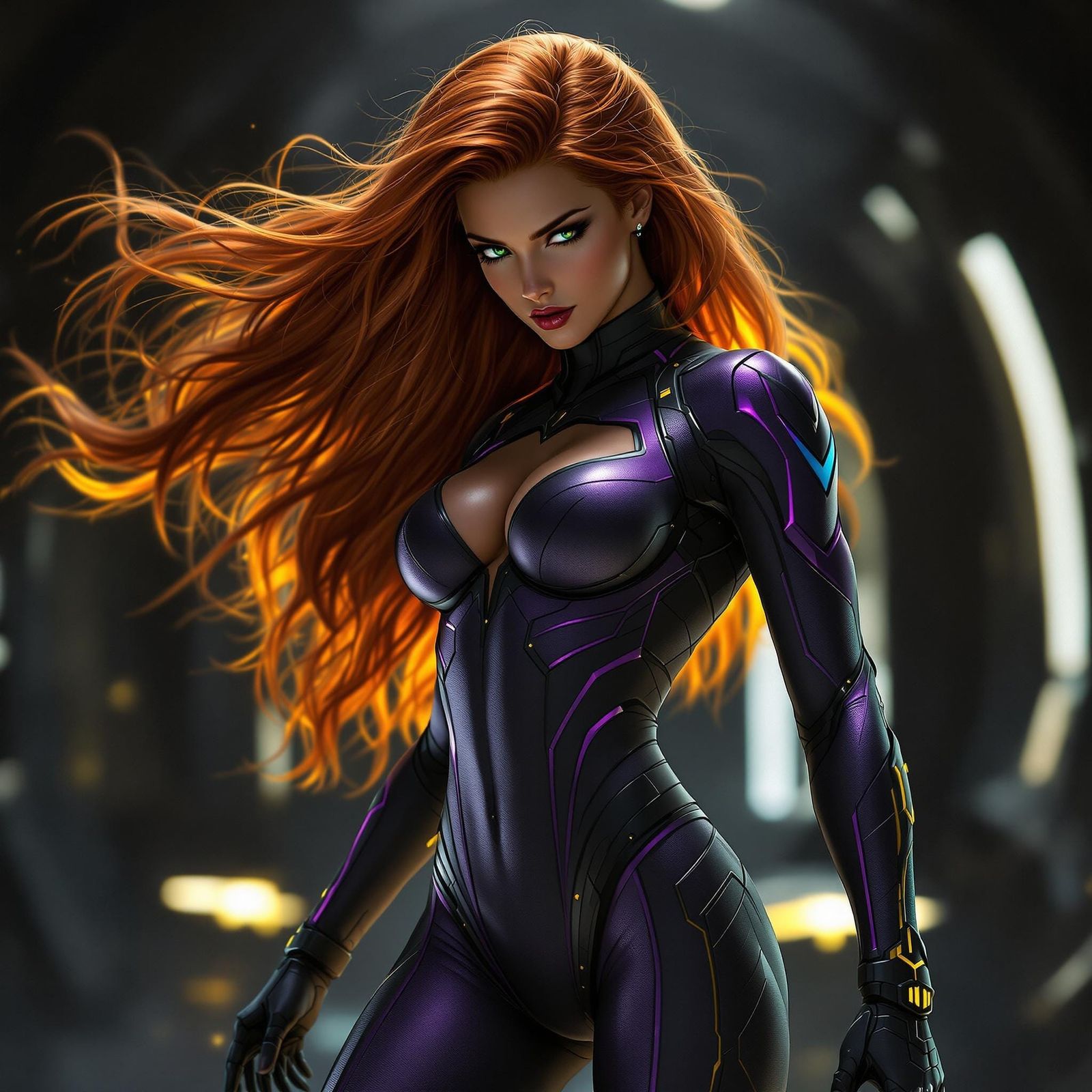 Hyper-Realistic Starfire in Dark Science Fiction Bodysuit