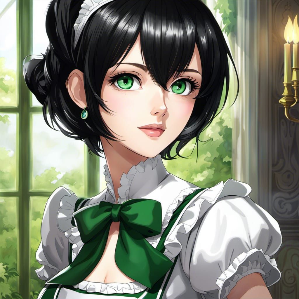 Anime Maid Portrait with Emerald Eyes