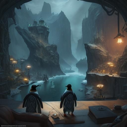 Penguins Watching TV: Detailed Matte Painting