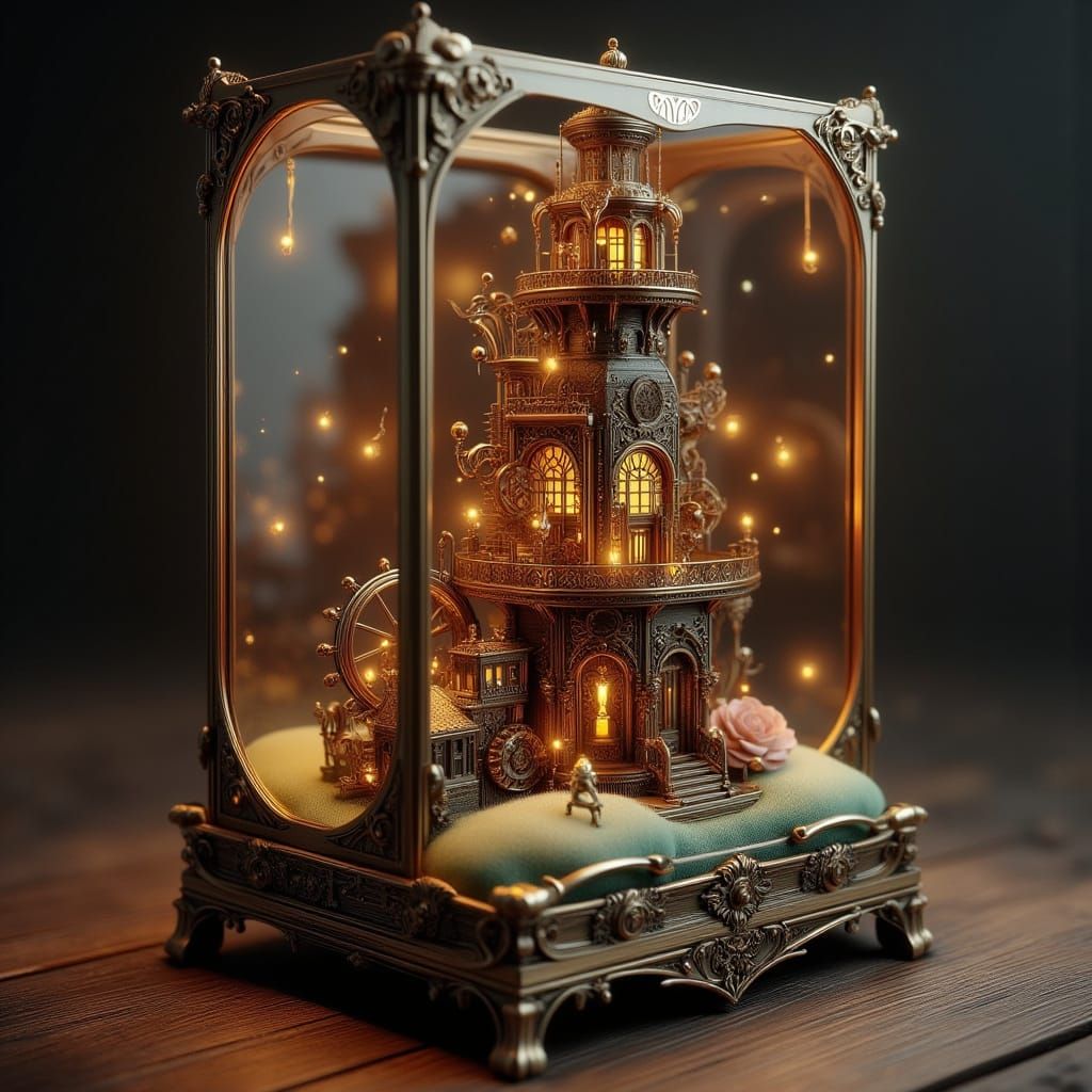 Miniature Steampunk Lighthouse in Glass Jewelry Box