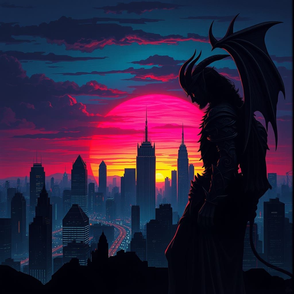 Cyberpunk City Sunset in German Expressionism Style