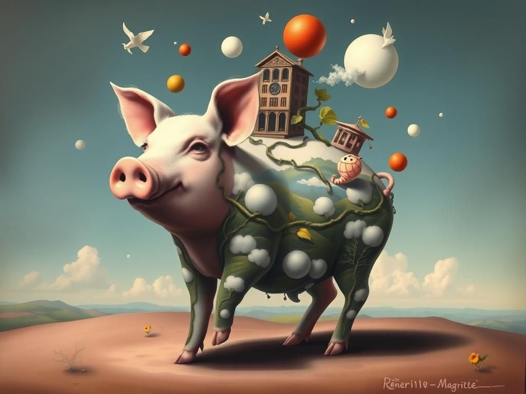 Surreal Pig in Dreamlike Landscape, Acrylic Painting