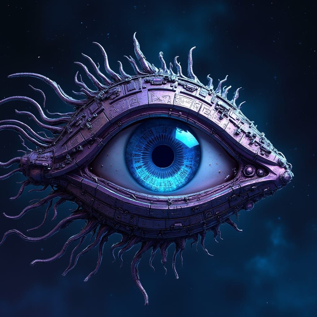 Glowing Metallic Eye in Starry Night Sky