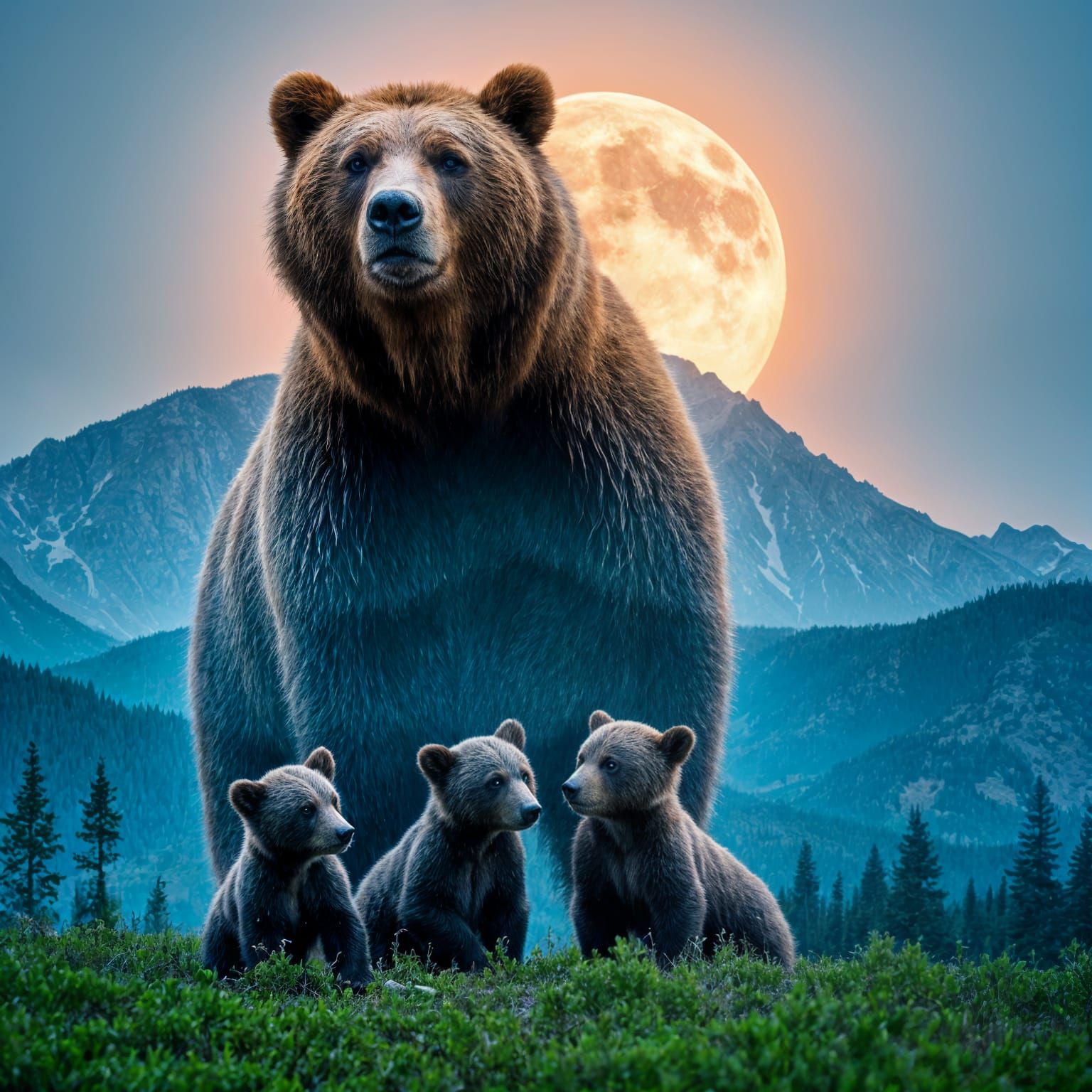Double Exposure of Grizzly Bear and Cubs