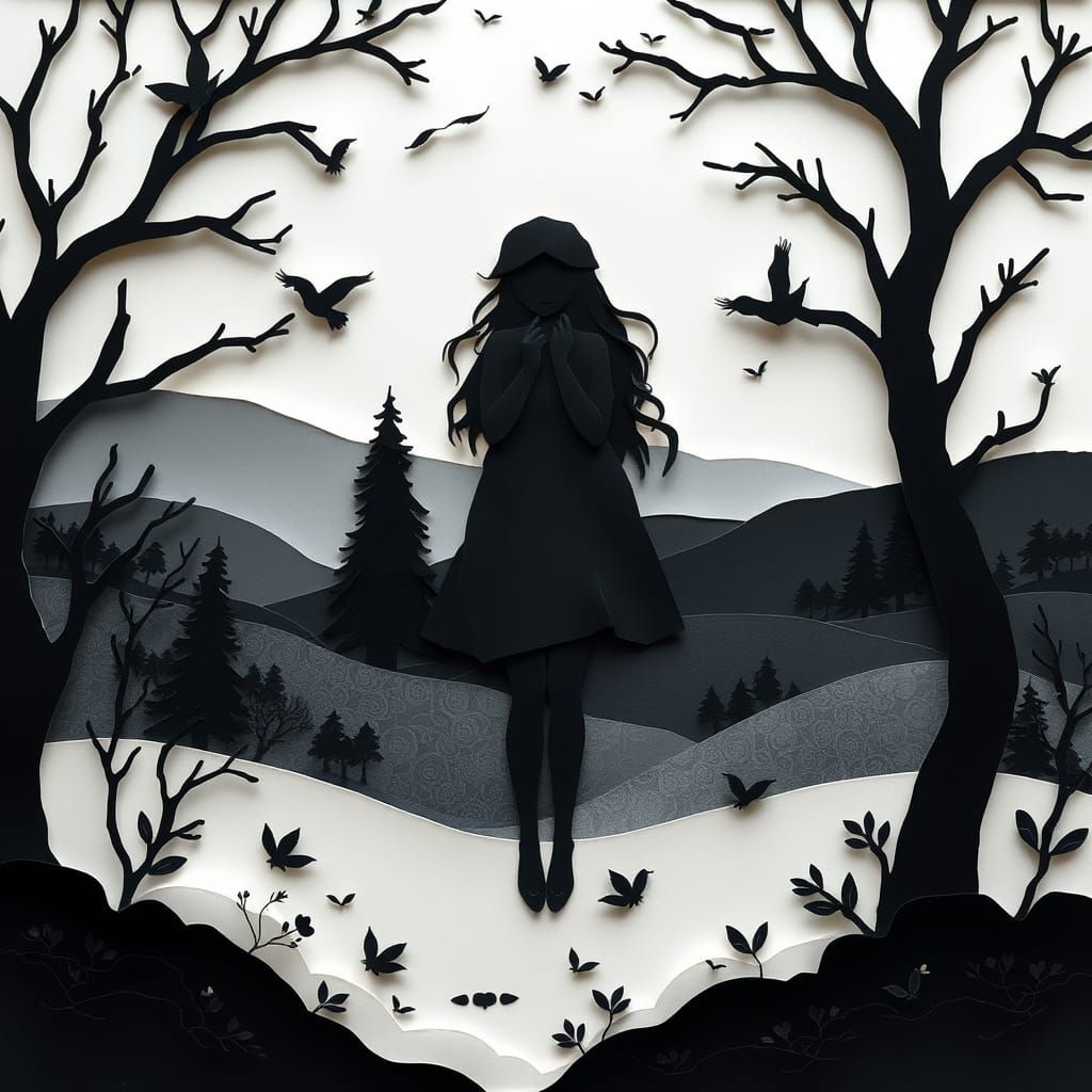 Ethereal Monochromatic Paper Cutout Fairytale Scene