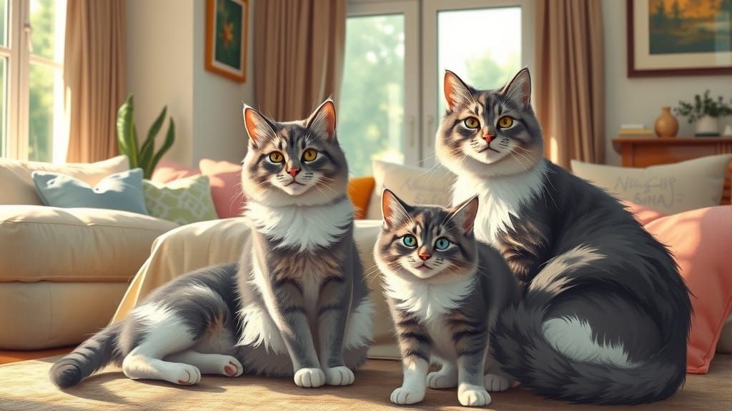 Cozy Family of Grey and White Cats in Whimsical Impressionis...