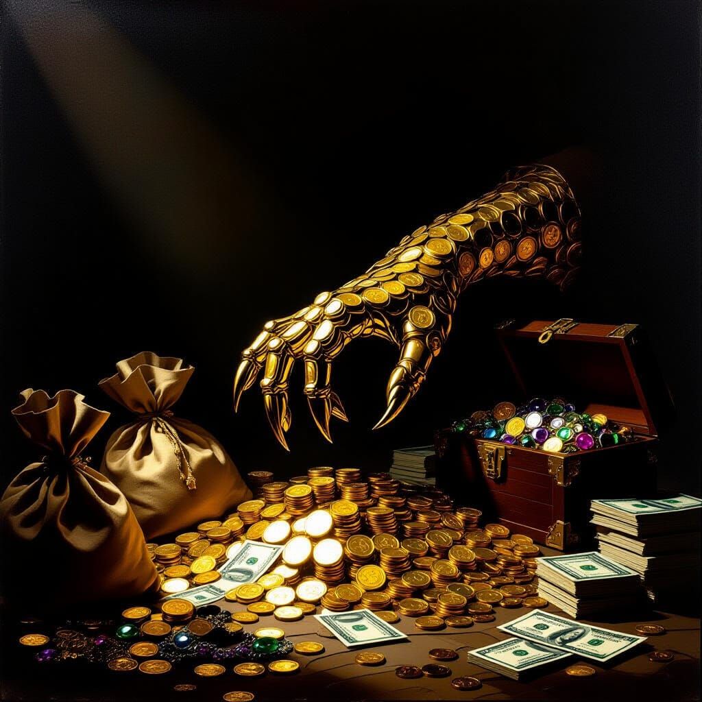 Golden Coin Hand Grasping Riches in Shadowy Room