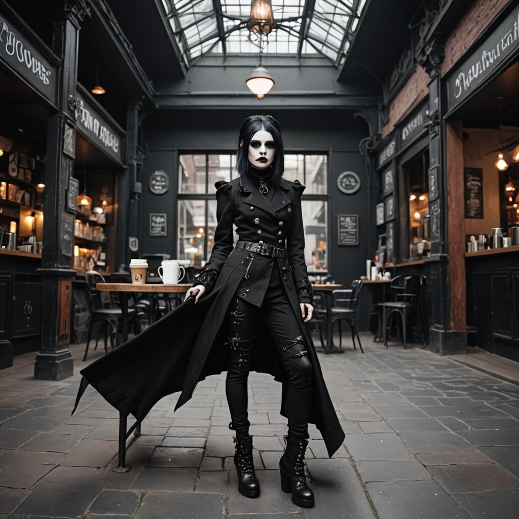 Goth Fashion Model in Coffee Shop