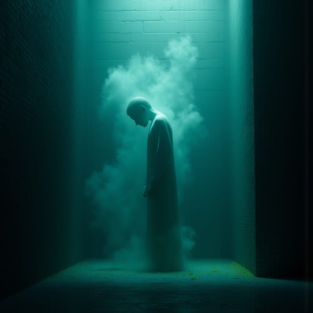 Misty Figure Amidst Underwater Brickwork in Dreamy, Dark Tea...