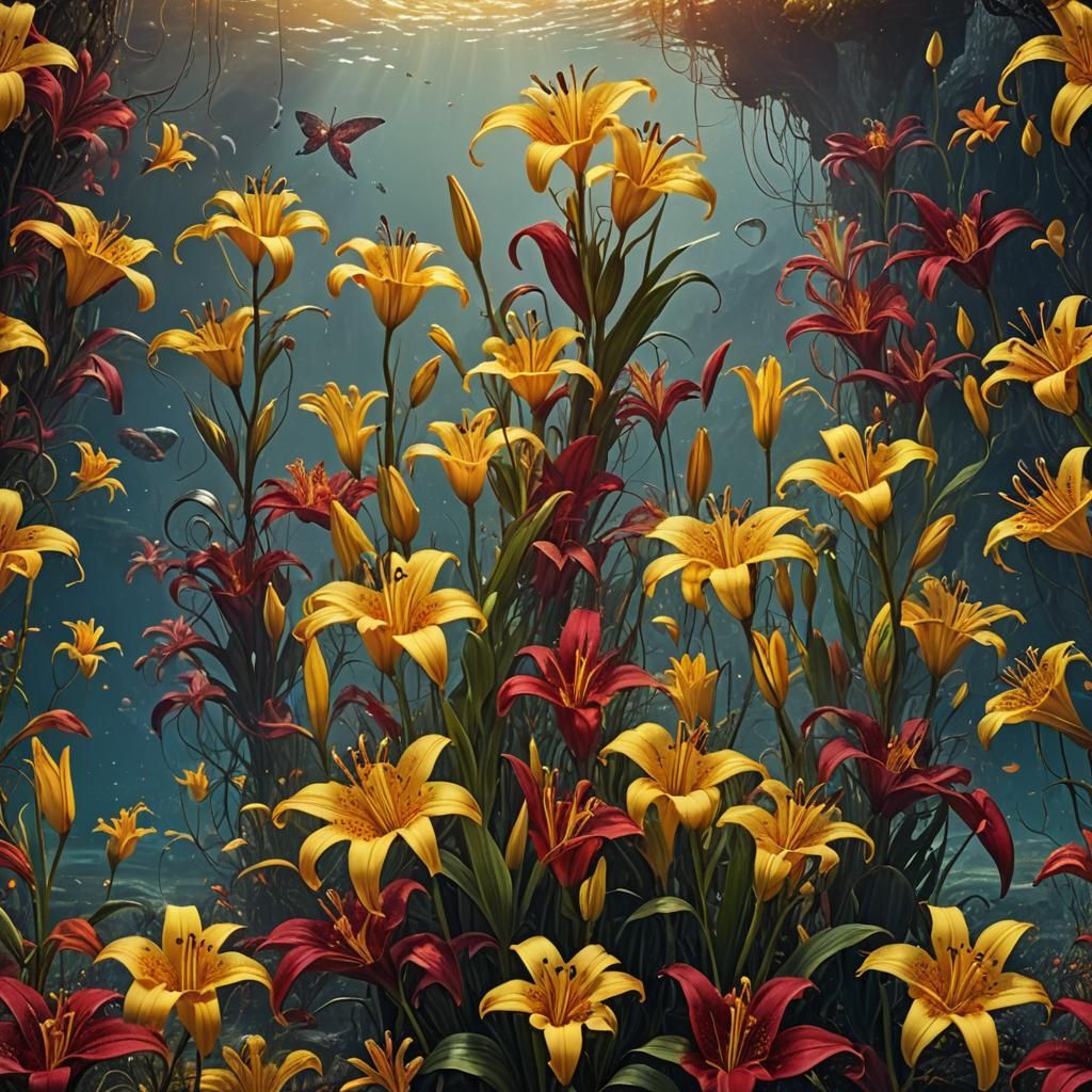 Underwater Dreamscape: Yellow and Crimson Ethereal Fantasy