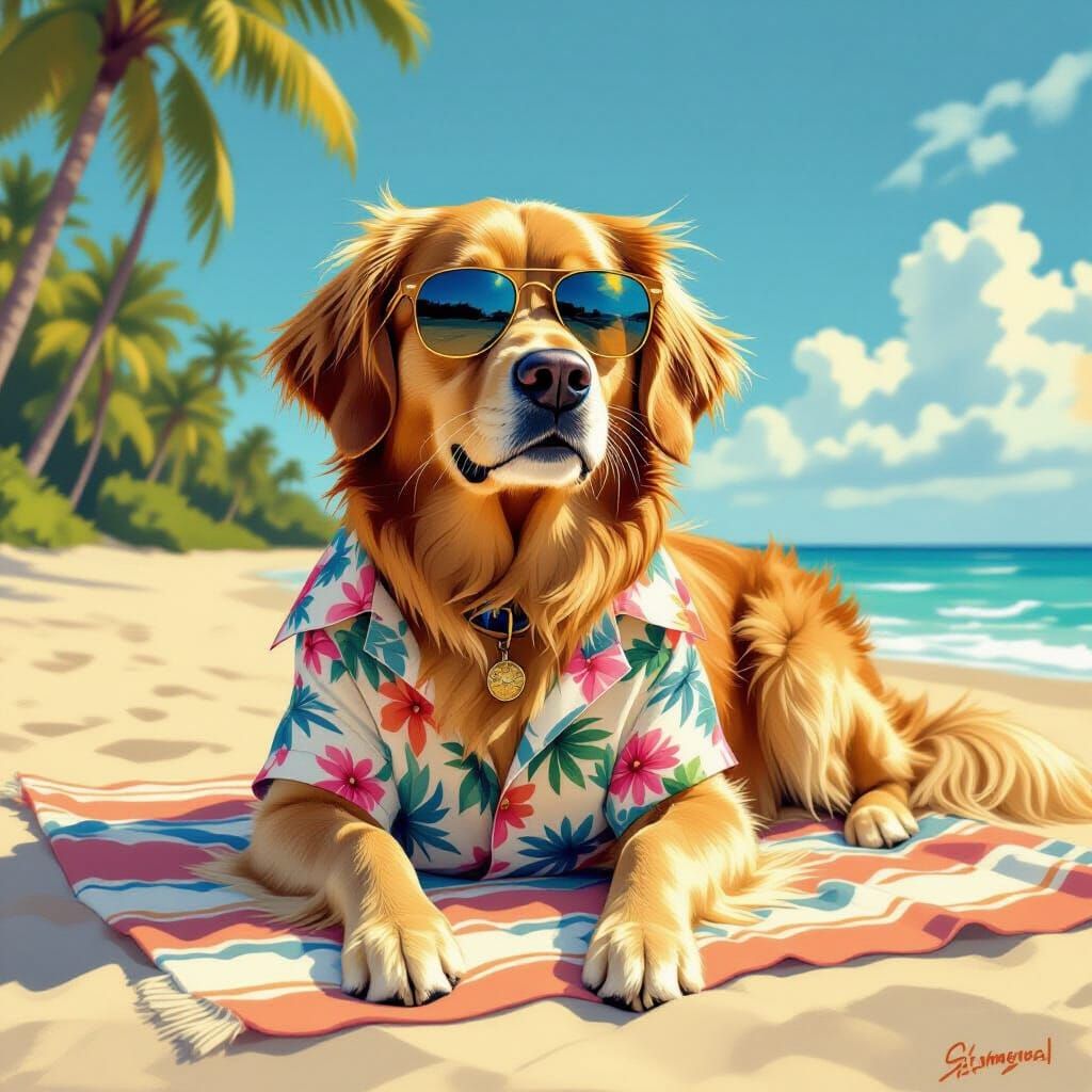 Chill Dog in Sunglasses & Hawaiian Shirt on Beach