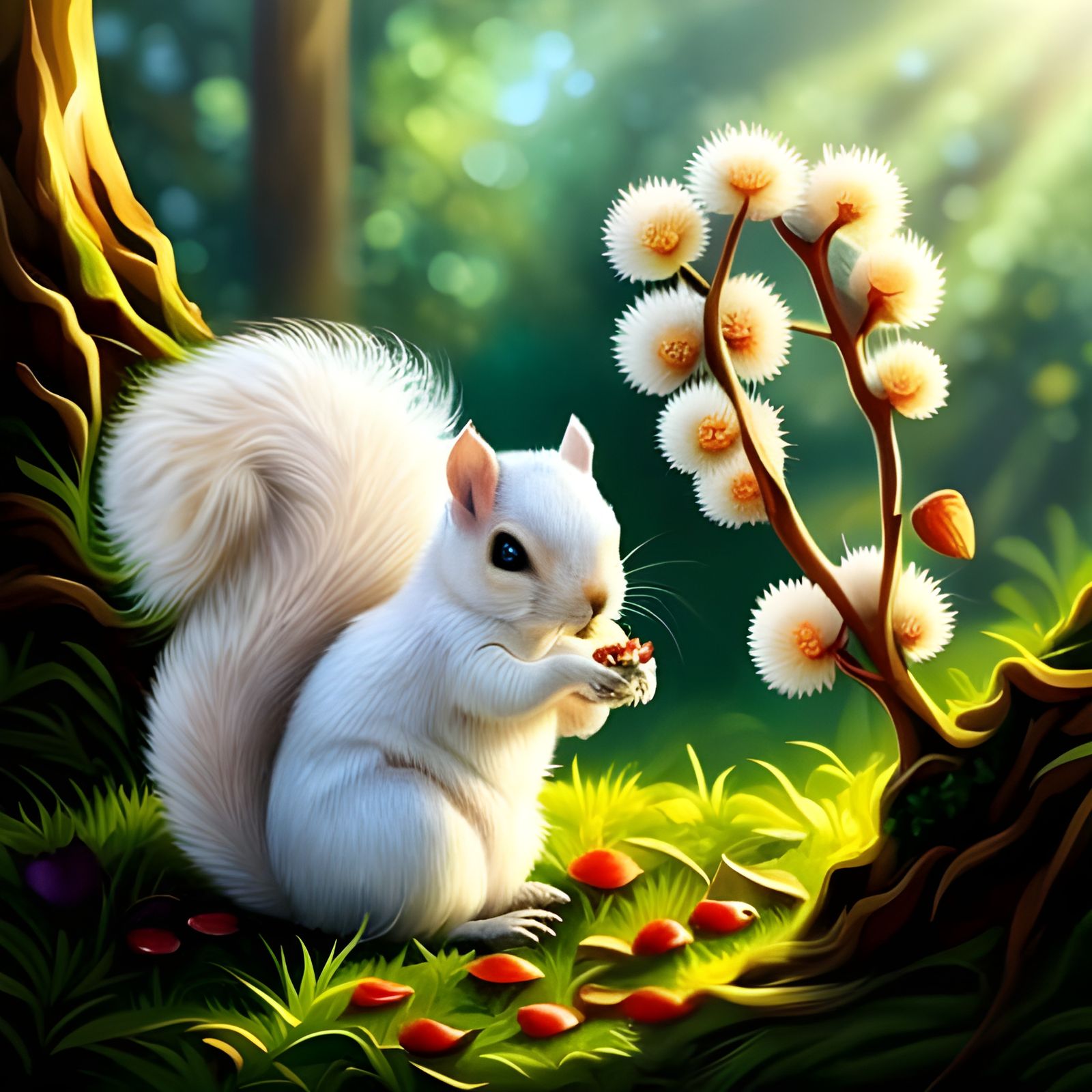 Albino Squirrel Gathering Acorns, Studio Ghibli Style