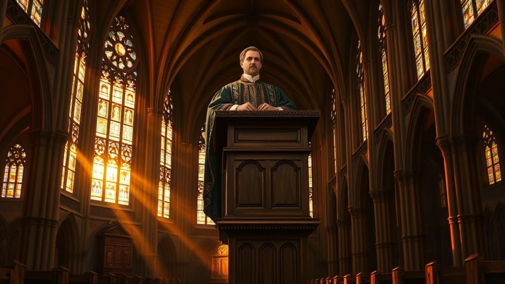 Victorian Preacher in Cathedral: Hudson River School Style