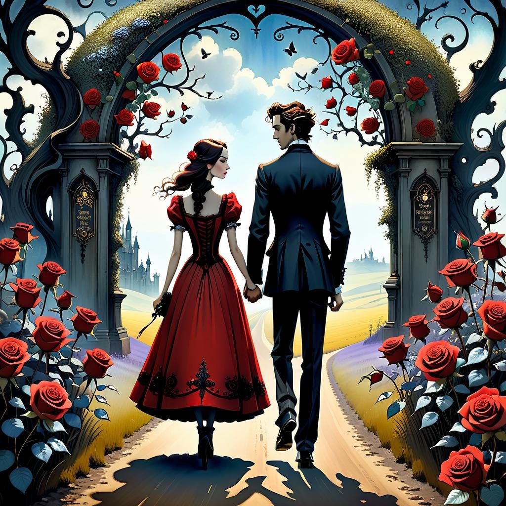 Girl and Boy Holding Hands Watercolor Masterpiece