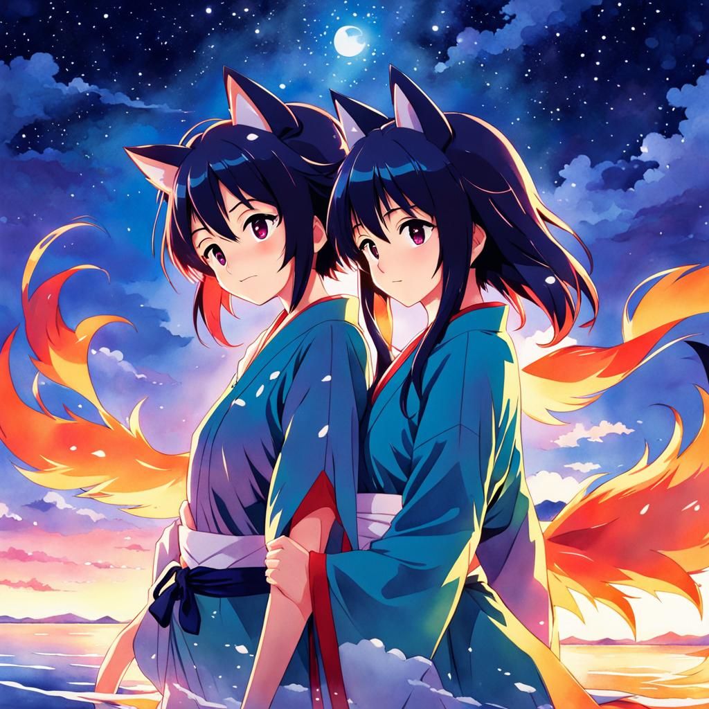 Watercolor Kitsune in Anime Style